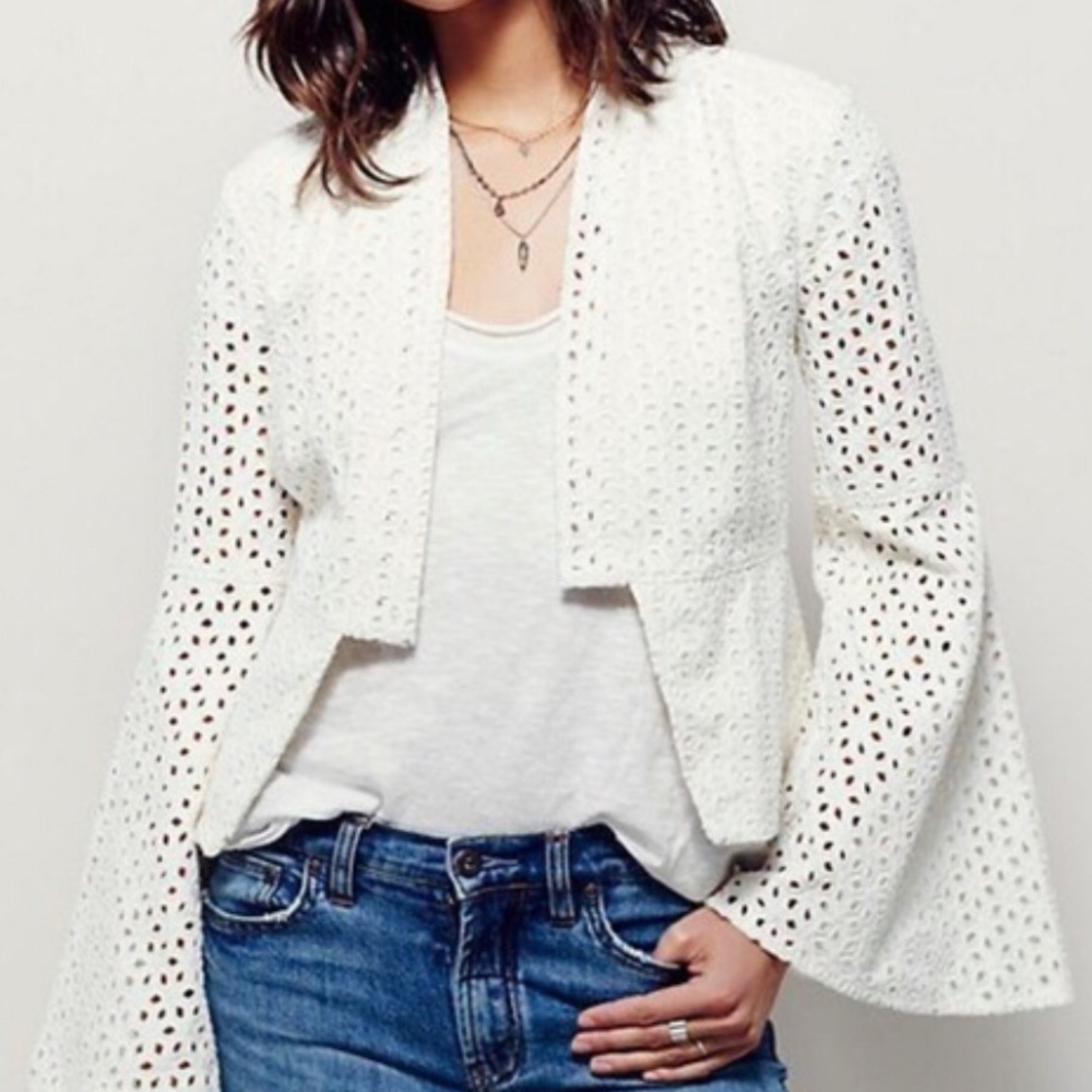 Free People Eyelet Cropped Jacket w/ Bell Sleeves